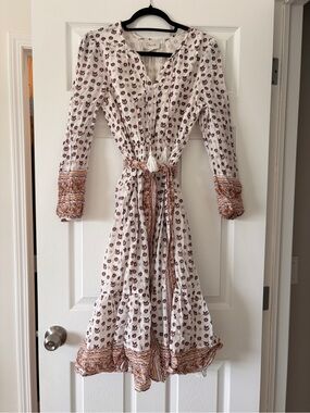 Cleobella White Midi Dress with Brown Floral Print